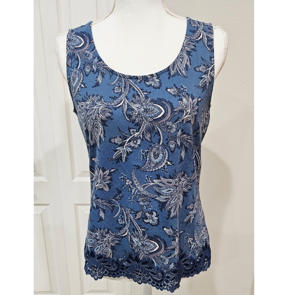Lace Paisley Blue Stretch Tank Size Small COLDWATER CREEK